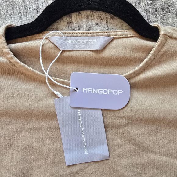 MANGOPOP Bodysuit Womens Medium Beige Long Sleeve Crew Neck Snap Closure Stretch - Picture 3 of 9